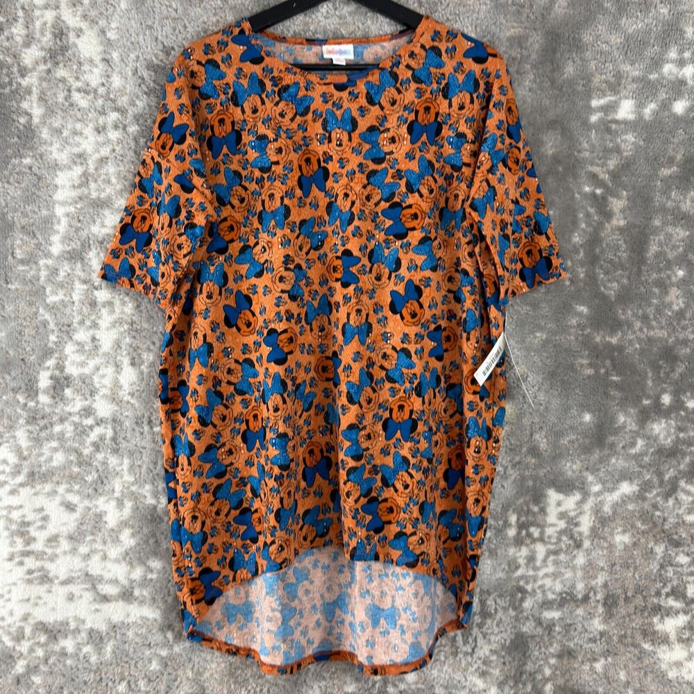 LuLaRoe‎ Disney Size S Irma Mini Mouse Hi Lo Top Orange Blue Short Sleeve Shirt